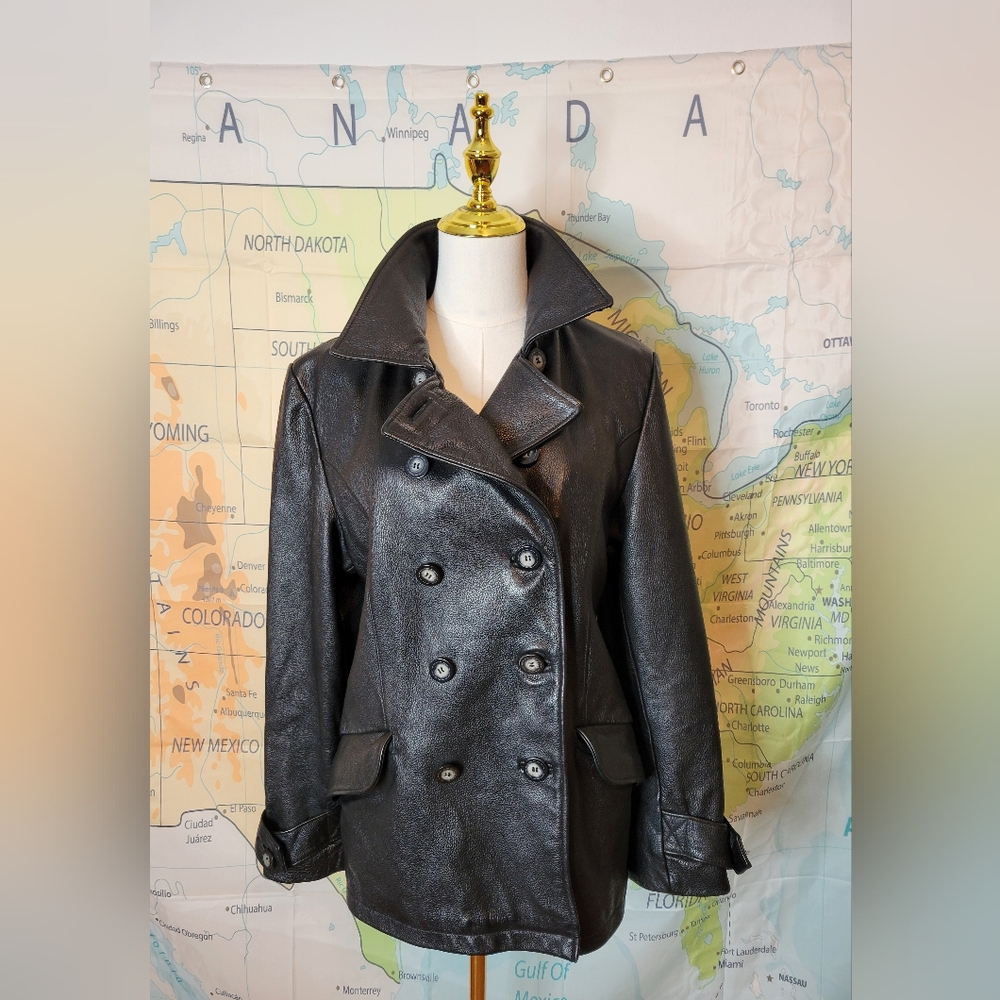 Vintage Women's Black Double-Breasted Leather Jacket By  Charles Klien Size S